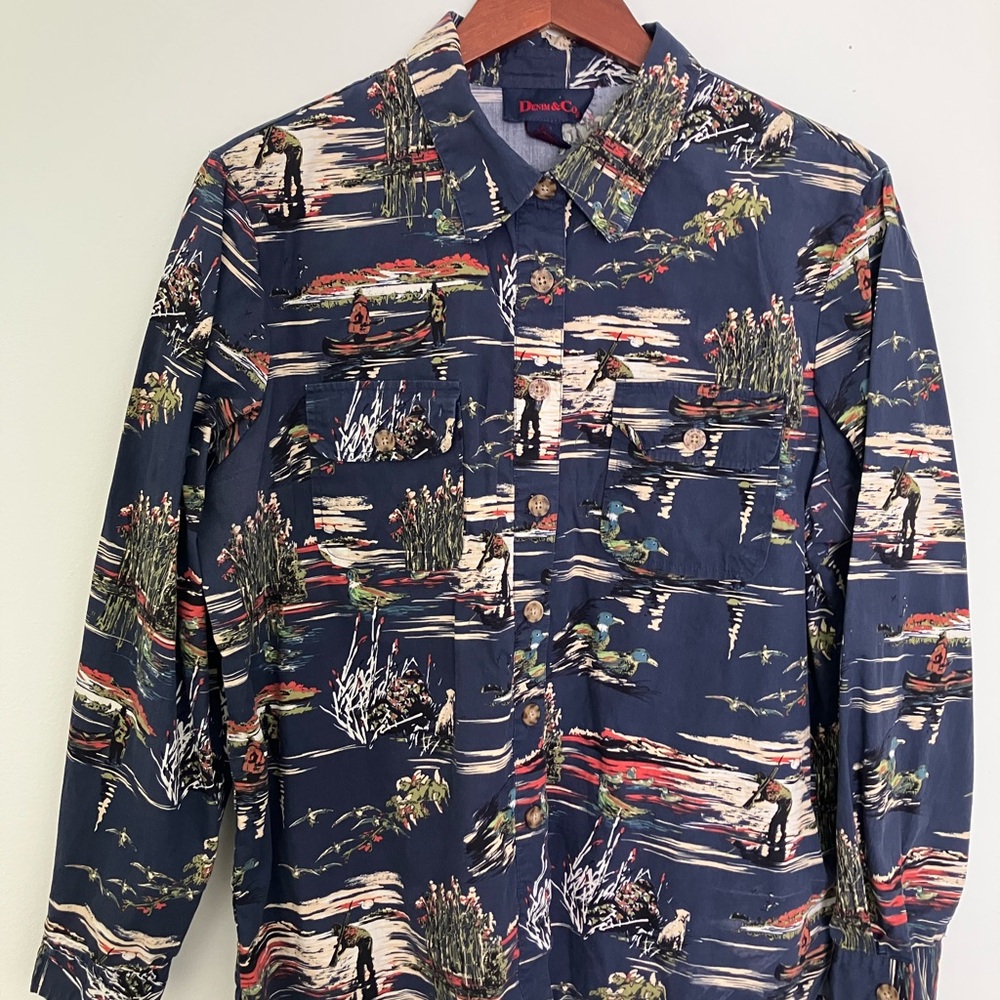 Denim&Co Vintage fishing scene Navy Shirt